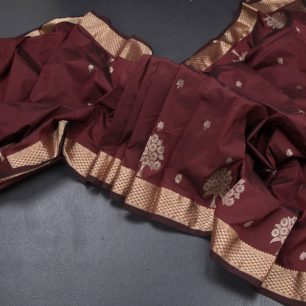 Semi Silk Maroon Saree With Floral And Tree Design And Zari Border