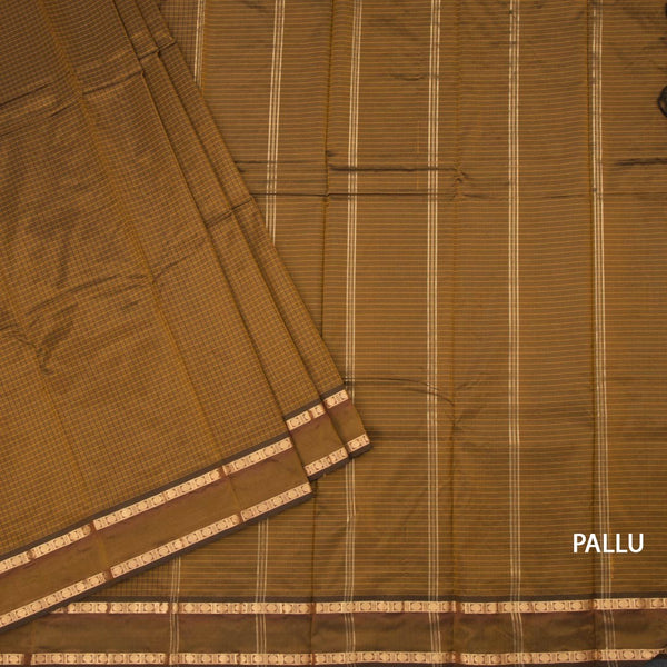 Semi Silk Golden Brown Checked Silk Saree And Rettapet Border