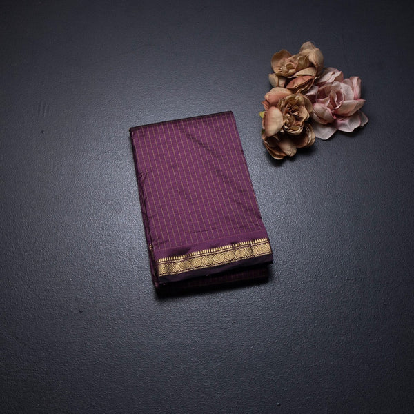 Semi Silk Purple Checked Silk Saree And Zari Border
