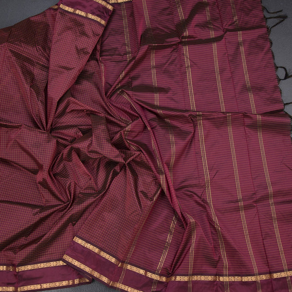 Semi Silk Wine Colour Checked Silk Saree And Rettapet Border