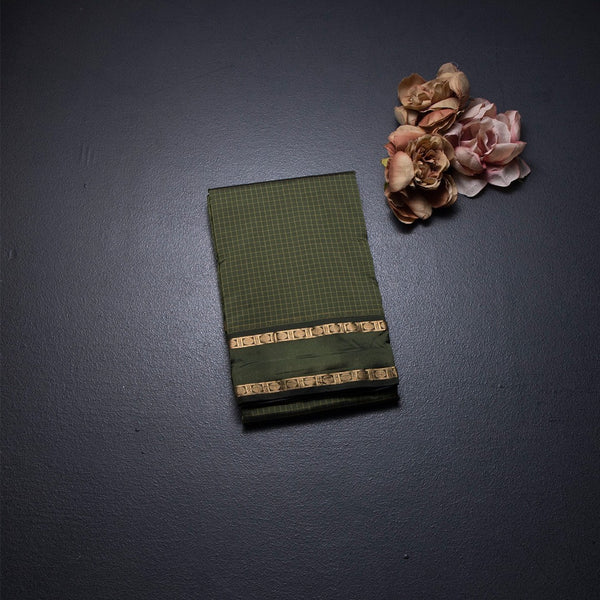 Semi Silk Olive Green Checked Silk Saree And Rettapet Border