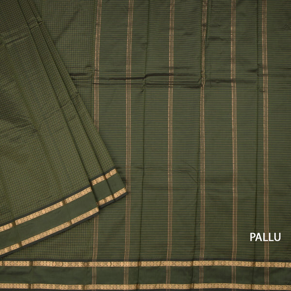 Semi Silk Olive Green Checked Silk Saree And Rettapet Border