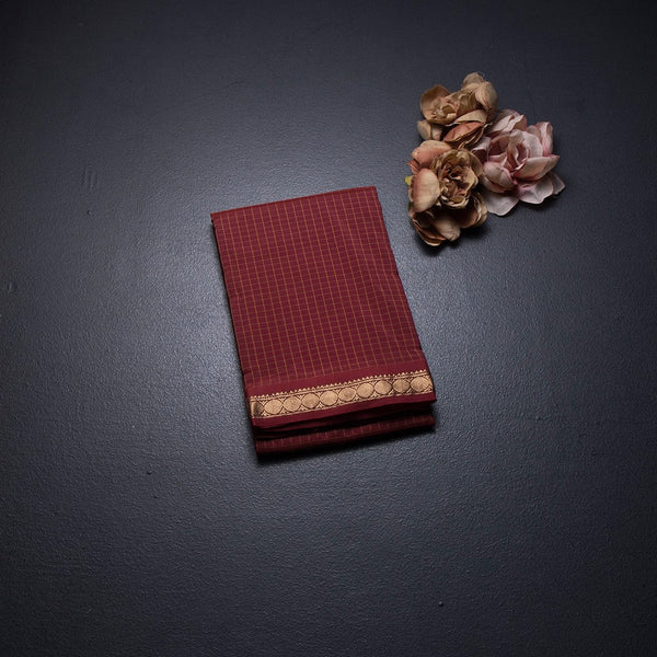 Semi Silk Maroon Checked Silk Saree And Zari Border