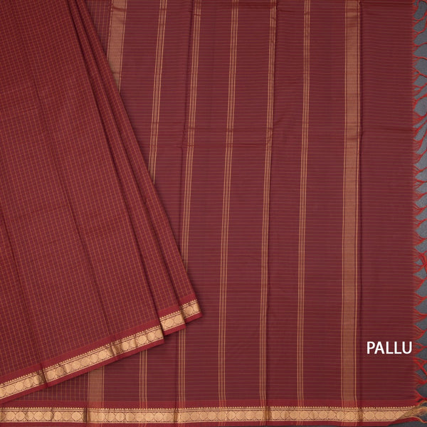 Semi Silk Maroon Checked Silk Saree And Zari Border