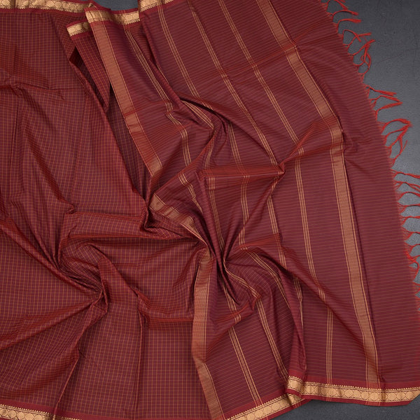 Semi Silk Maroon Checked Silk Saree And Zari Border