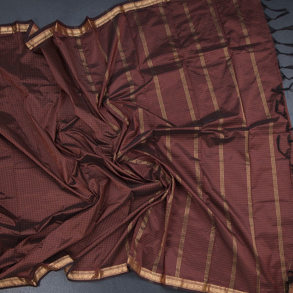 Semi Silk Cinnamon Brown Checked Silk Saree And Zari Border
