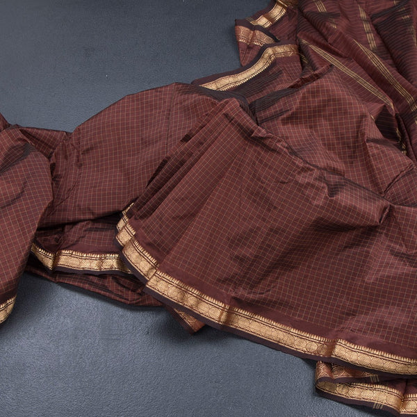 Semi Silk Cinnamon Brown Checked Silk Saree And Zari Border