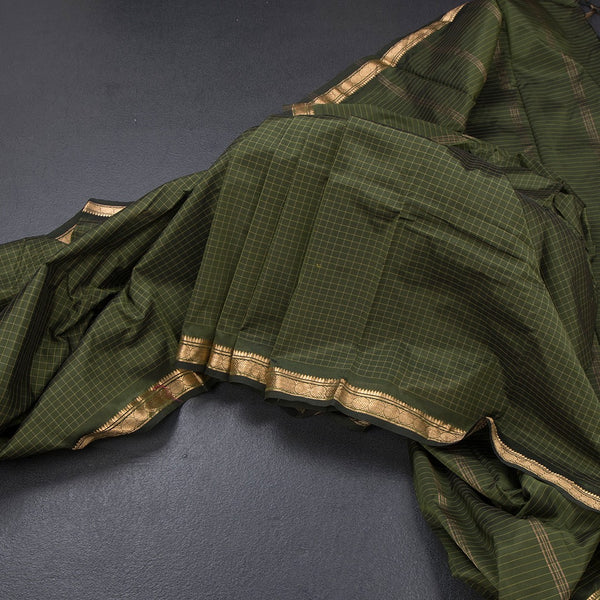 Semi Silk Leaf Green Checked Silk Saree And Zari Border