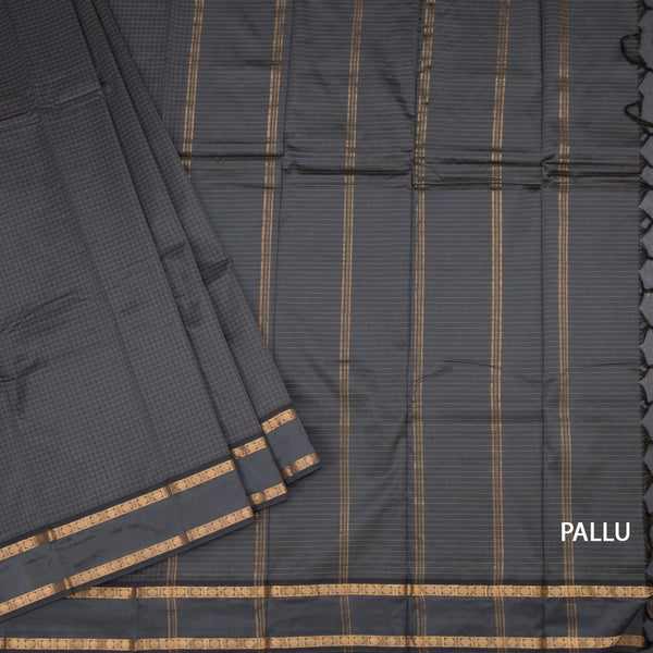 Semi Silk Grey Checked Silk Saree And Rettapet Border