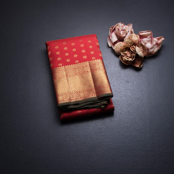 Red Silk Saree With Floral Zari Buttas And Gold Zari Border