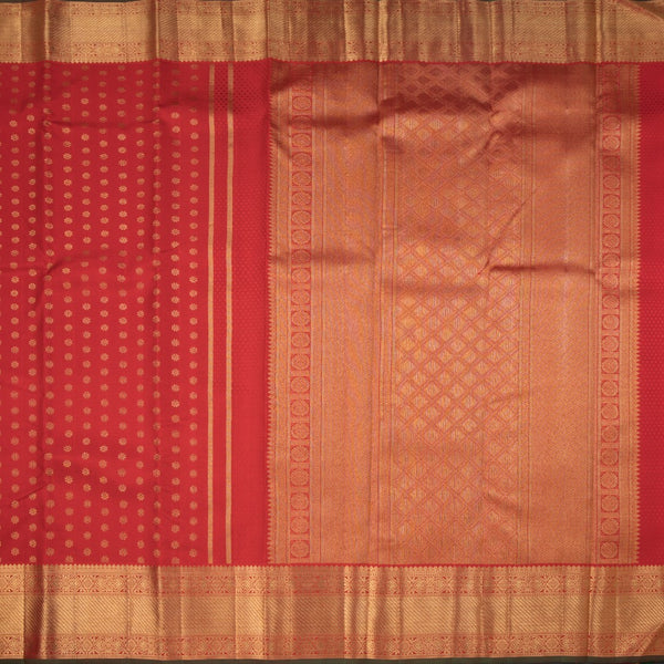 Red Silk Saree With Floral Zari Buttas And Gold Zari Border