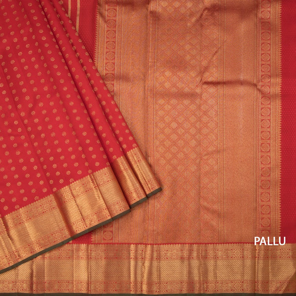 Red Silk Saree With Floral Zari Buttas And Gold Zari Border