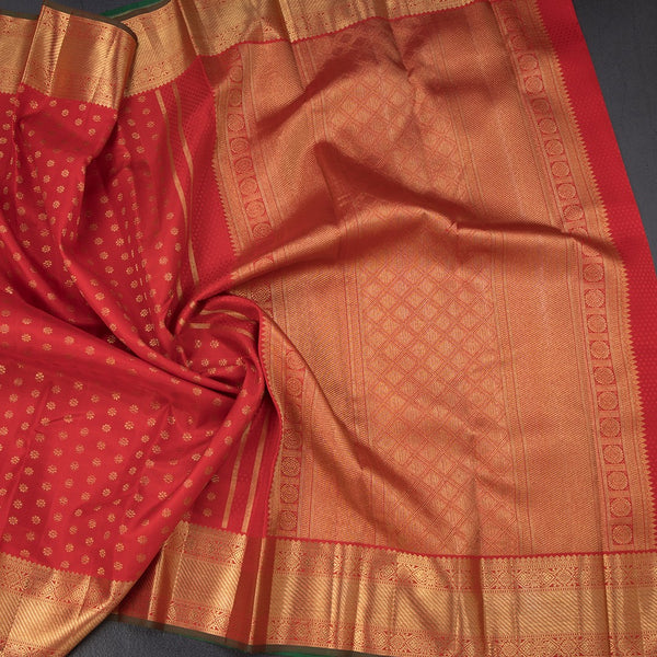 Red Silk Saree With Floral Zari Buttas And Gold Zari Border