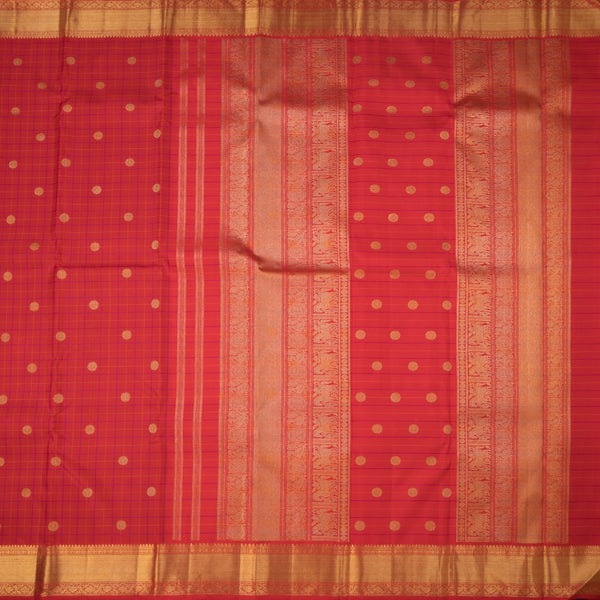 Red Thread Checked Silk Saree With Chakra Buttas And Gold Zari Border