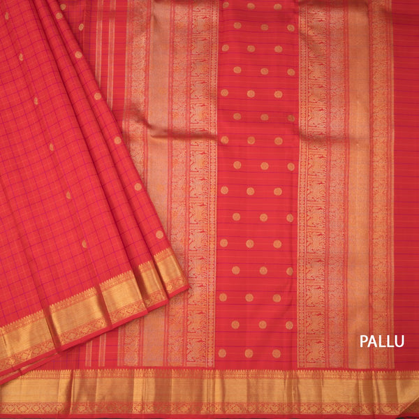 Red Thread Checked Silk Saree With Chakra Buttas And Gold Zari Border