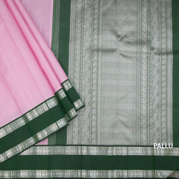 Light Pink Checked Silk Saree And Rettpet Silver Zari Border
