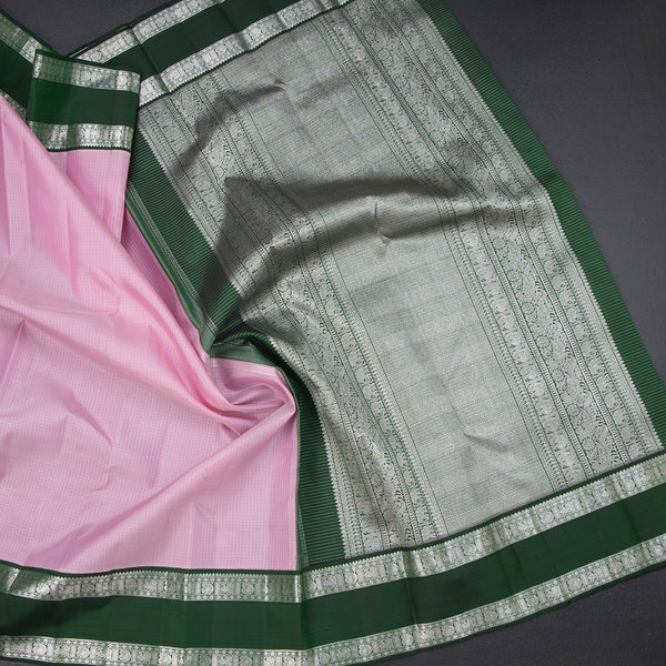 Light Pink Checked Silk Saree And Rettpet Silver Zari Border