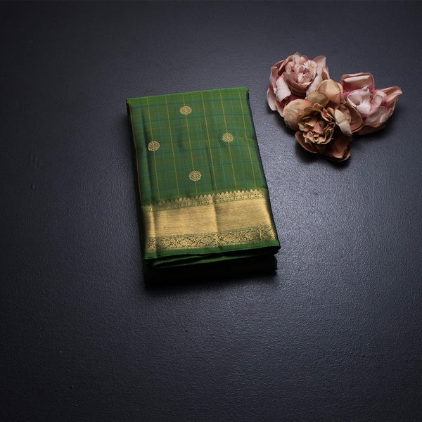 Parrot Green Thread Checked Silk Saree With Zari Buttas And Zari Border