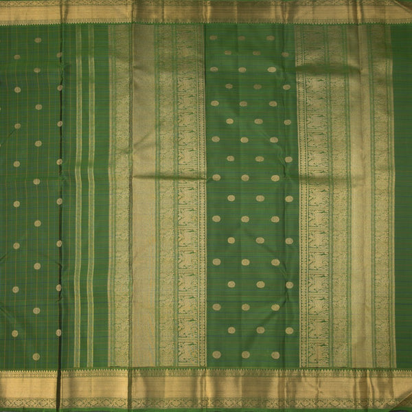 Parrot Green Thread Checked Silk Saree With Zari Buttas And Zari Border