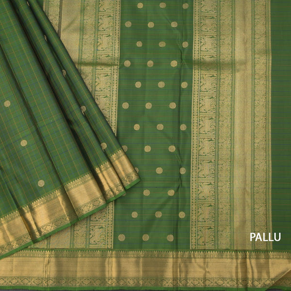 Parrot Green Thread Checked Silk Saree With Zari Buttas And Zari Border