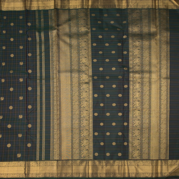 Bottle Green Checked Silk Saree With Peacock And Chakra Buttas And Zari Border