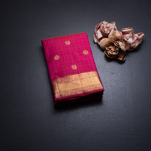 Pink Thread Checked Silk Saree With Peacock And Chakra Buttas And Gold Zari Border