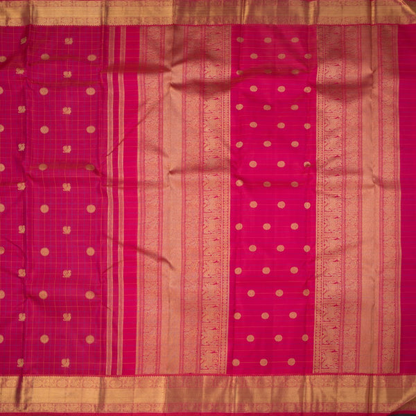 Pink Thread Checked Silk Saree With Peacock And Chakra Buttas And Gold Zari Border