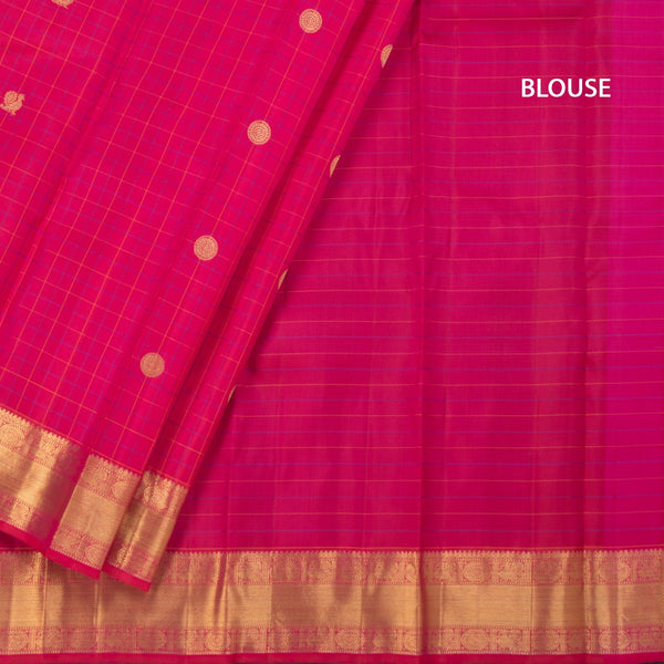Pink Thread Checked Silk Saree With Peacock And Chakra Buttas And Gold Zari Border