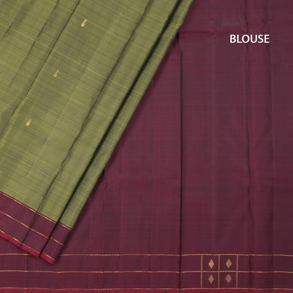Olive Green Silk Saree With Zari Buttas And Zari Checked border