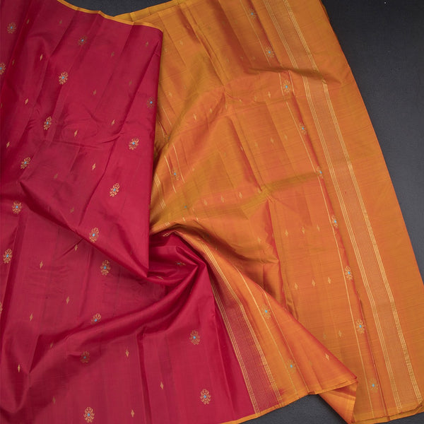 Red Borderless Silk Saree With Floral Zari Buttas