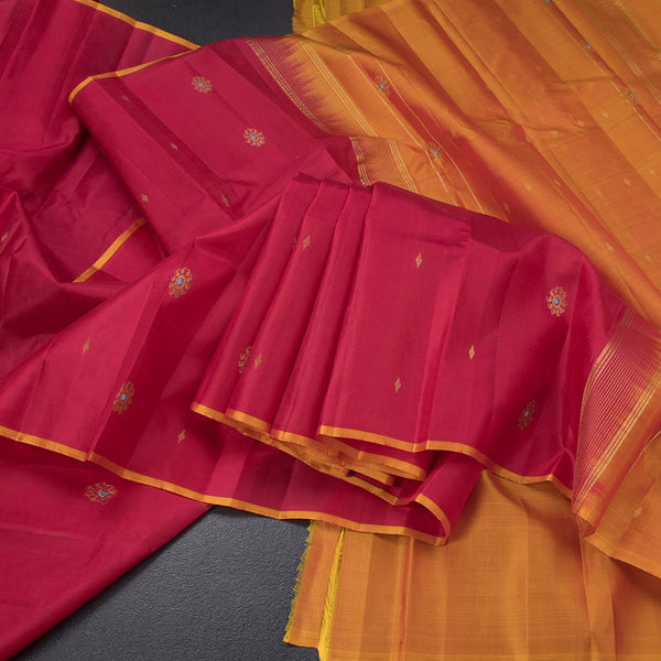 Red Borderless Silk Saree With Floral Zari Buttas