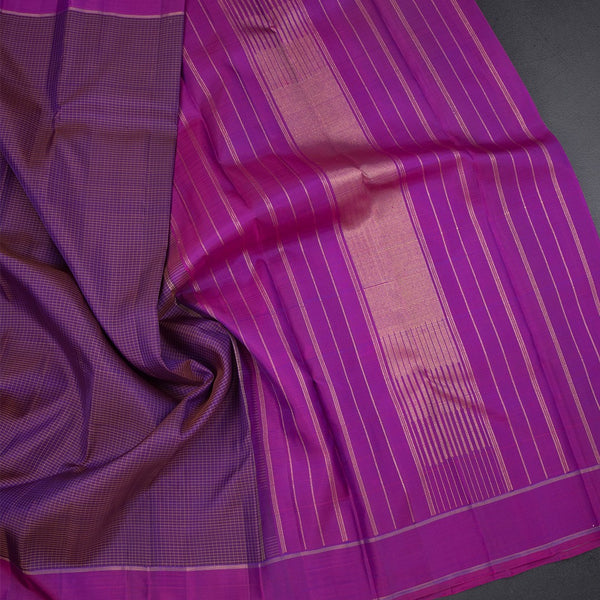 Purple Thread Checked Silk Saree And Pink Border