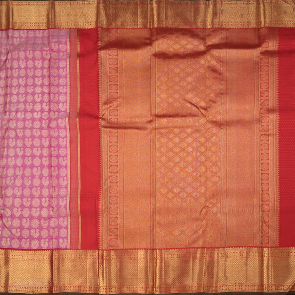 Taffy Pink Silk Saree Peacock And Chakra Buttas And Gold Zari Border
