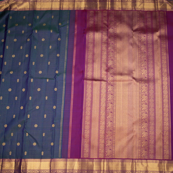 Shot Colour Vaira Oosi Silk Saree With Peacock And Chakra Buttas And Gold Zari Border