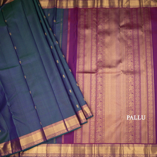 Shot Colour Vaira Oosi Silk Saree With Peacock And Chakra Buttas And Gold Zari Border