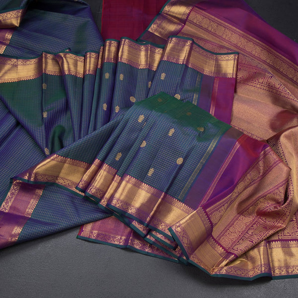 Shot Colour Vaira Oosi Silk Saree With Peacock And Chakra Buttas And Gold Zari Border