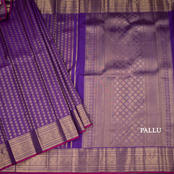 Dark Violet Silk Saree With Peacock And Chakra Buttas And Gold Zari Border