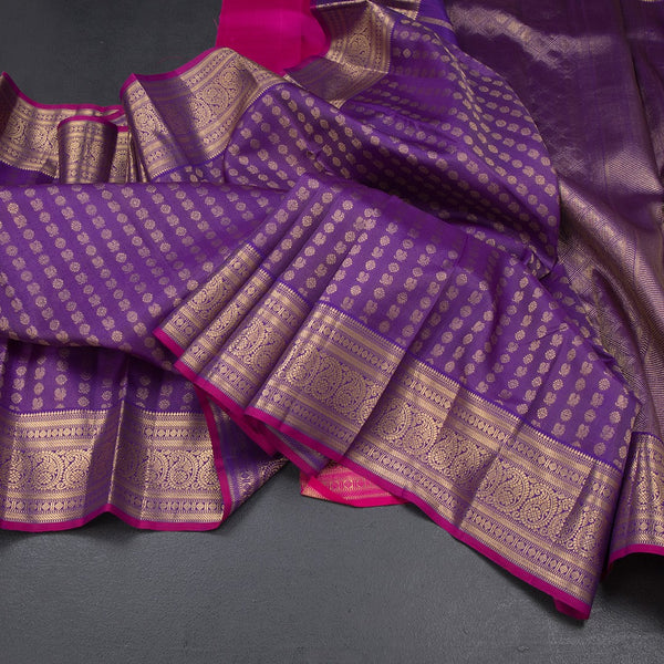 Dark Violet Silk Saree With Peacock And Chakra Buttas And Gold Zari Border