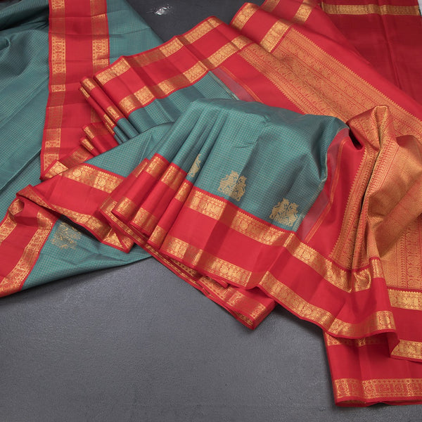 Sage Green Vairaoosi Silk Saree With Yazhi Design And Rettapet Border