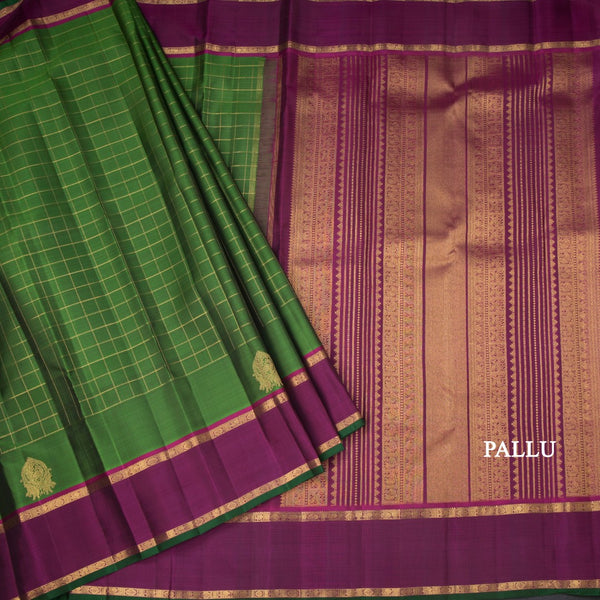 Parrot Green Checked Silk Saree And Rettapet Border