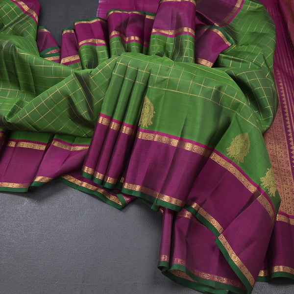 Parrot Green Checked Silk Saree And Rettapet Border