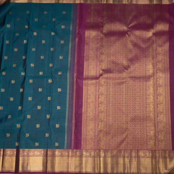 Peacock Blue Stripes Silk Saree With Peacock Design And Gold Zari Border