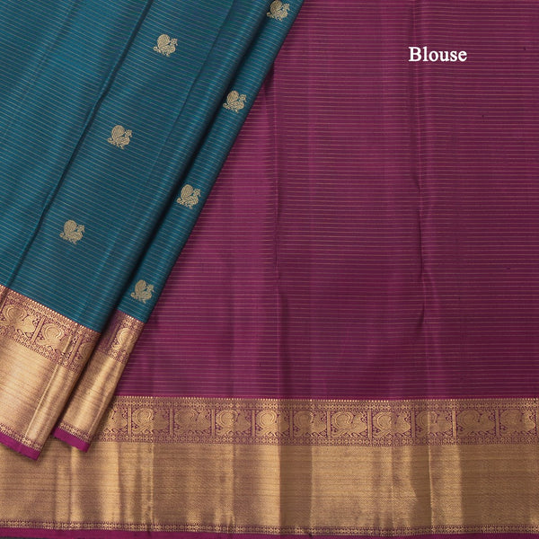 Peacock Blue Stripes Silk Saree With Peacock Design And Gold Zari Border