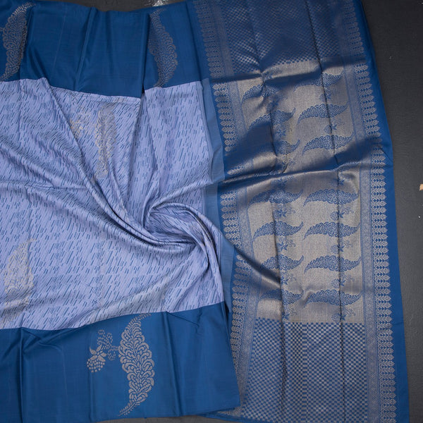 Ice Blue Thread Work Silk Saree With Leaf Design