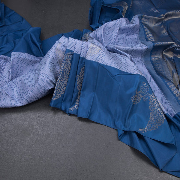 Ice Blue Thread Work Silk Saree With Leaf Design