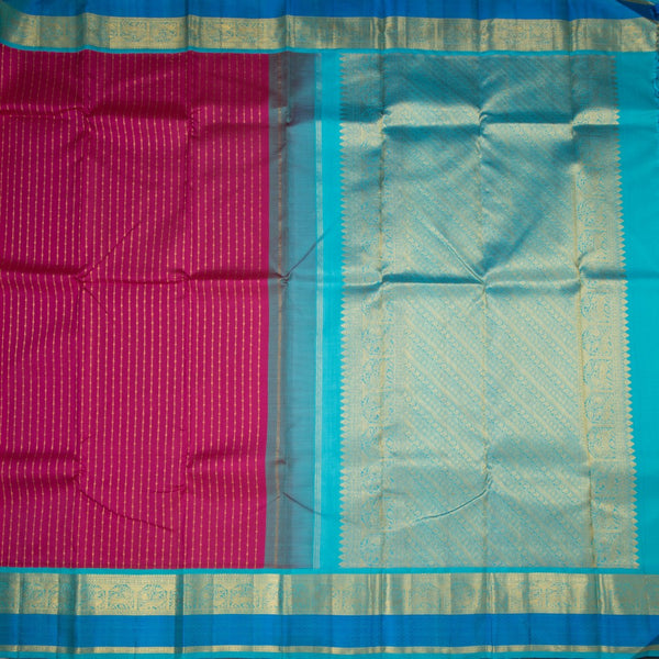 Dark Hot Pink Silk Saree With Stripes Design And Gold Zari With Thread Border