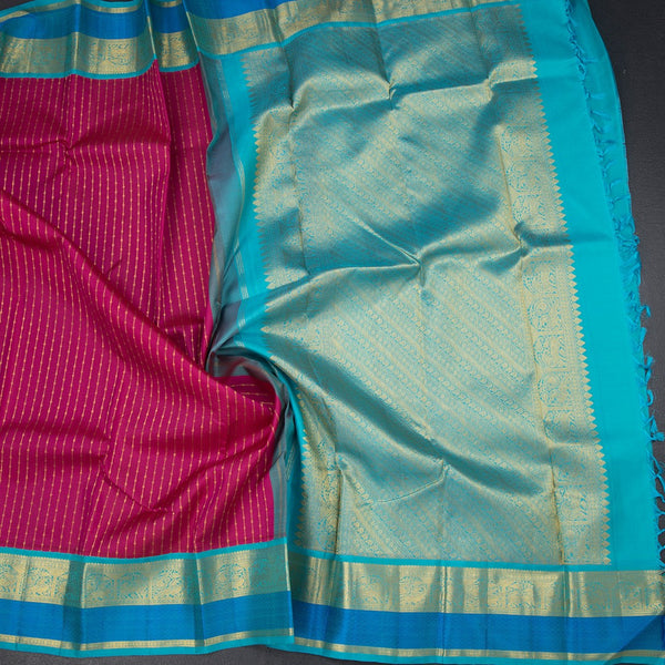 Dark Hot Pink Silk Saree With Stripes Design And Gold Zari With Thread Border