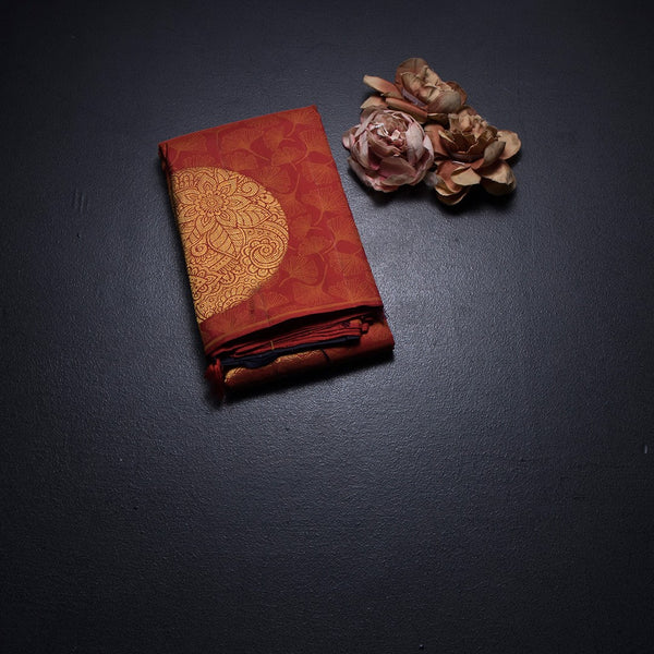 Brick Red Borderless Thread Work Saree And Contrast Pallu