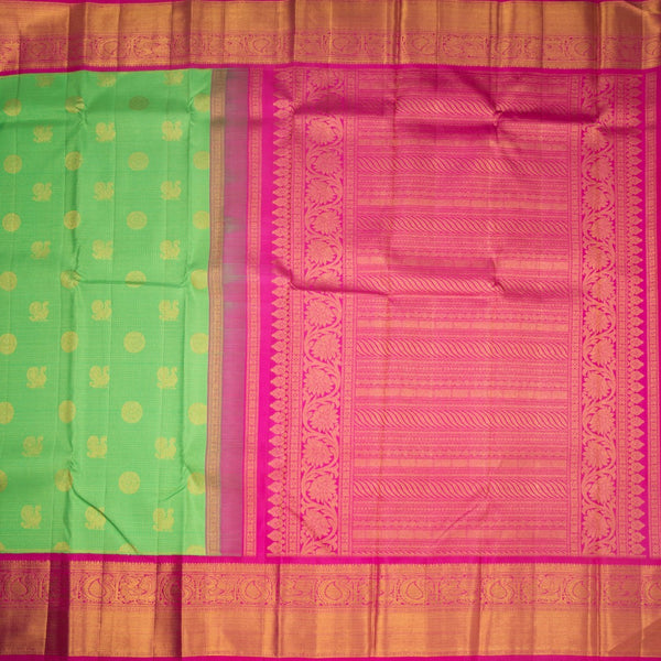 KSSMLSR42082-2-Parrot-Green-Checked-Silk-Saree-With-Peacock-And-Chakra-Buttas-And-Zari-Border-full-veiw