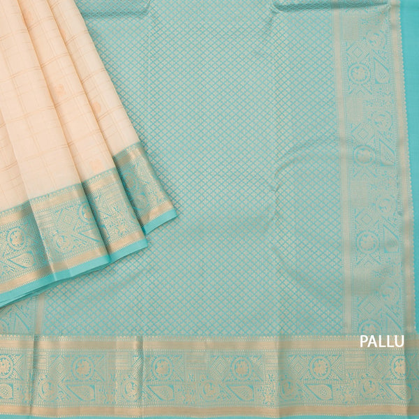 KSSMLSR42234-3-Cream-Checked-Silk-Saree-With-Peacock-And-Chakra-Buttas-And-Gold-Zari-Border-pallu